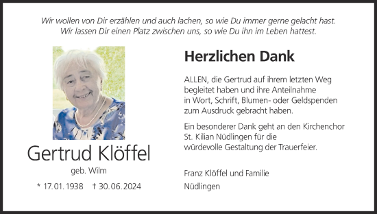 Anzeige von Gertrud Klöffel von MGO