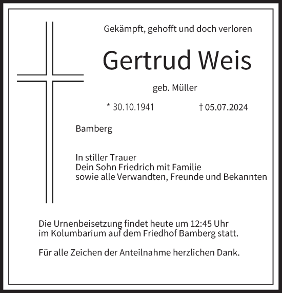 Anzeige von Gertrud Weis von MGO