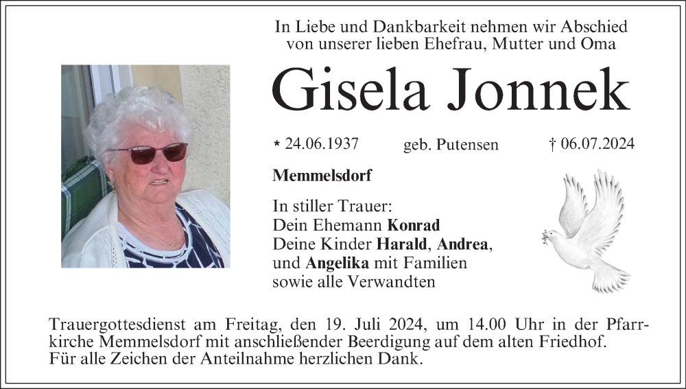  Traueranzeige für Gisela Jonnek vom 13.07.2024 aus MGO