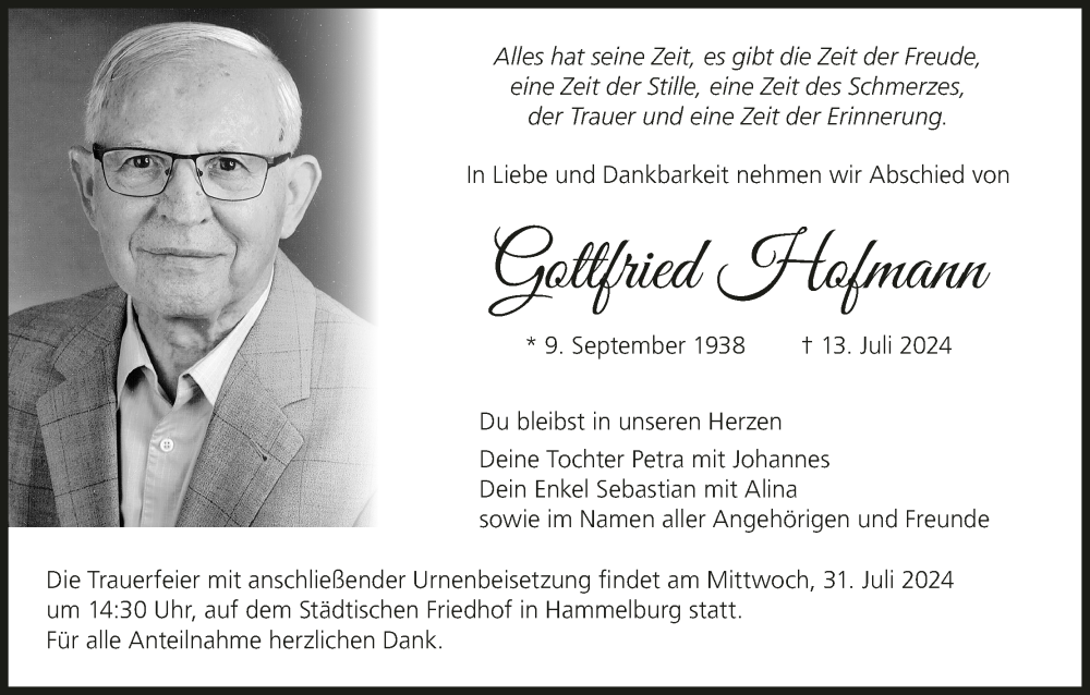 Traueranzeige für Gottfried Hofmann vom 27.07.2024 aus MGO