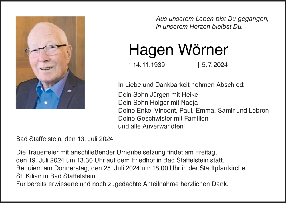  Traueranzeige für Hagen Wörner vom 13.07.2024 aus MGO