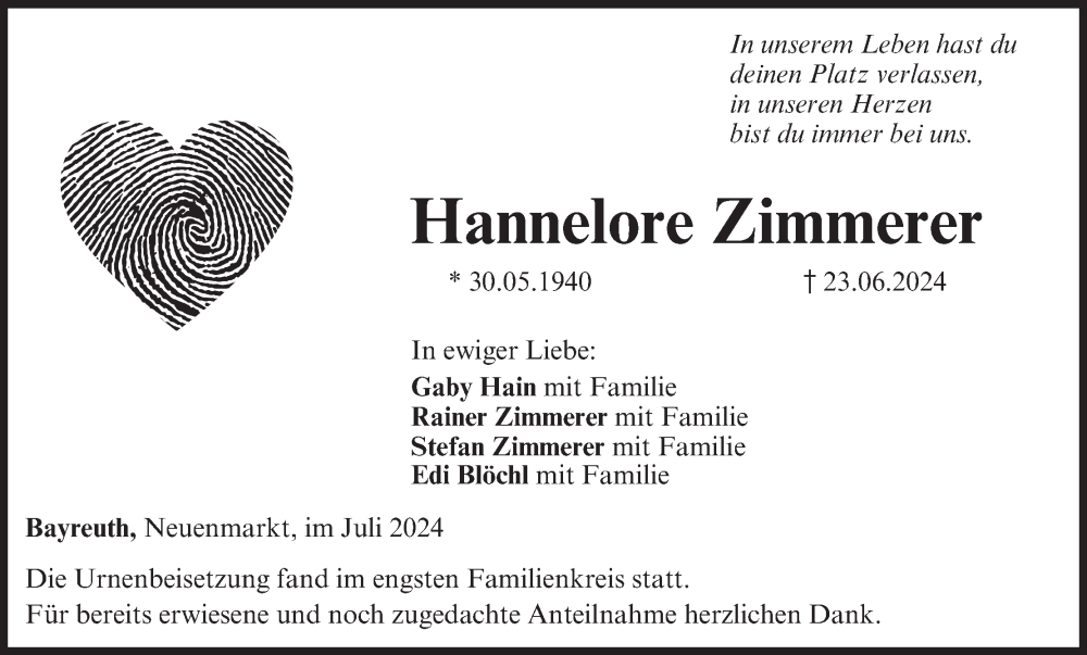  Traueranzeige für Hannelore Zimmerer vom 13.07.2024 aus MGO
