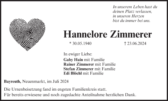 Anzeige von Hannelore Zimmerer von MGO