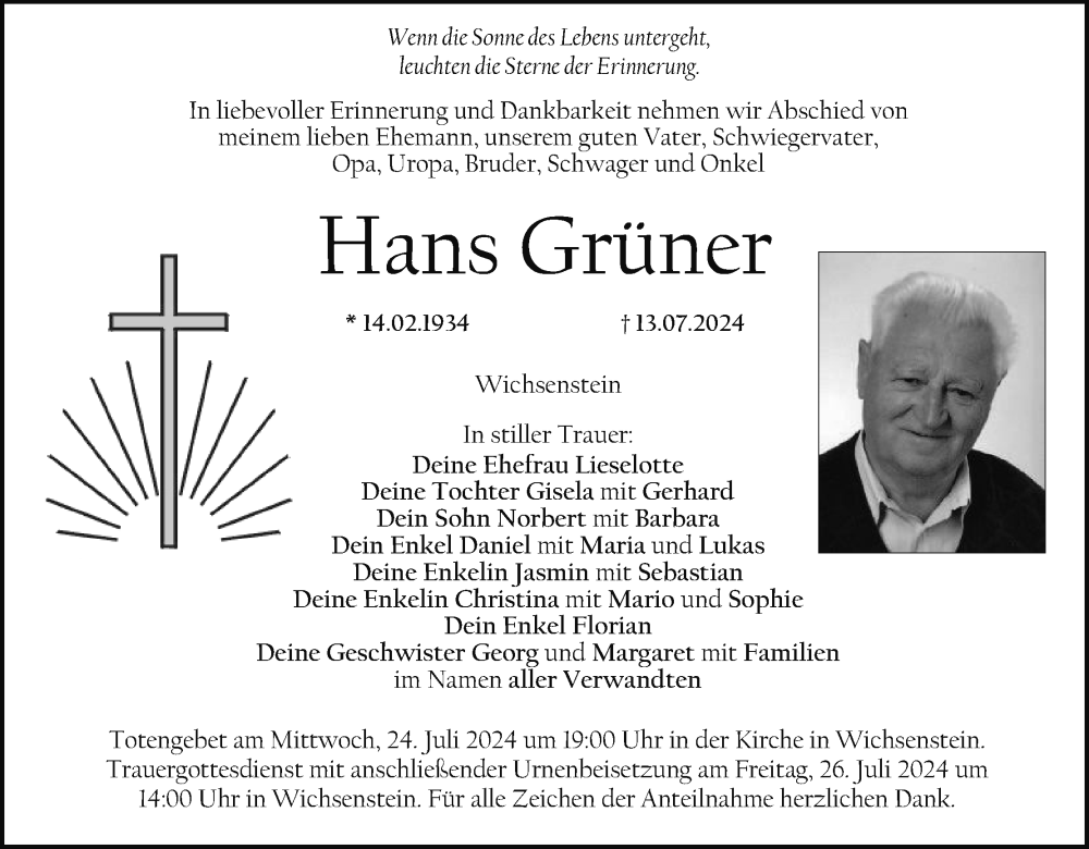  Traueranzeige für Hans Grüner vom 20.07.2024 aus MGO