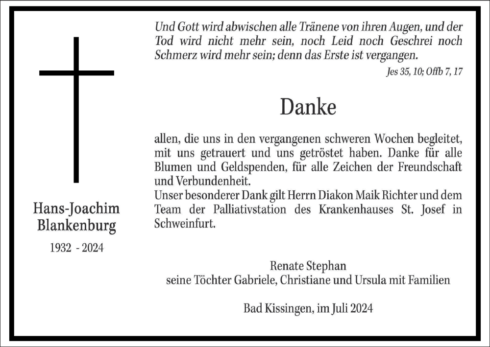  Traueranzeige für Hans-Joachim Blankenburg vom 20.07.2024 aus MGO