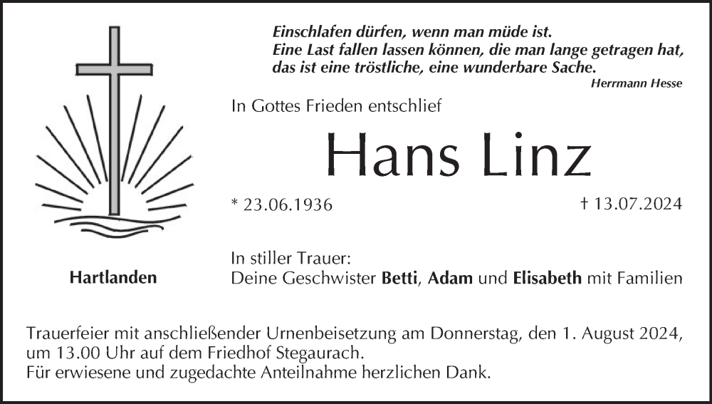  Traueranzeige für Hans Linz vom 20.07.2024 aus MGO