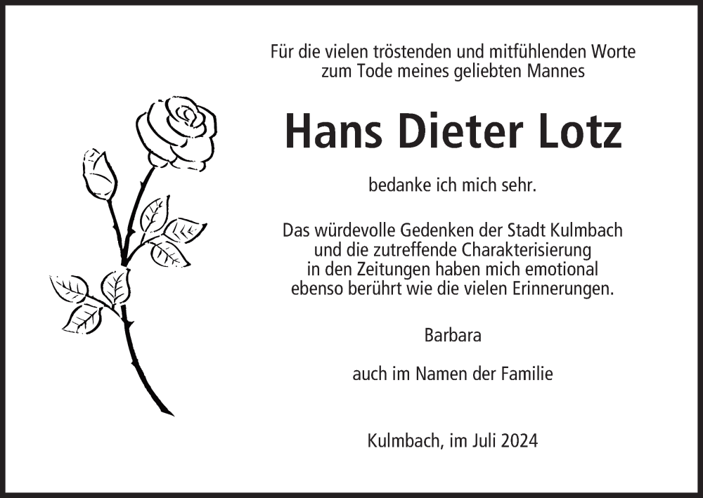  Traueranzeige für Hans Dieter Lotz vom 27.07.2024 aus MGO