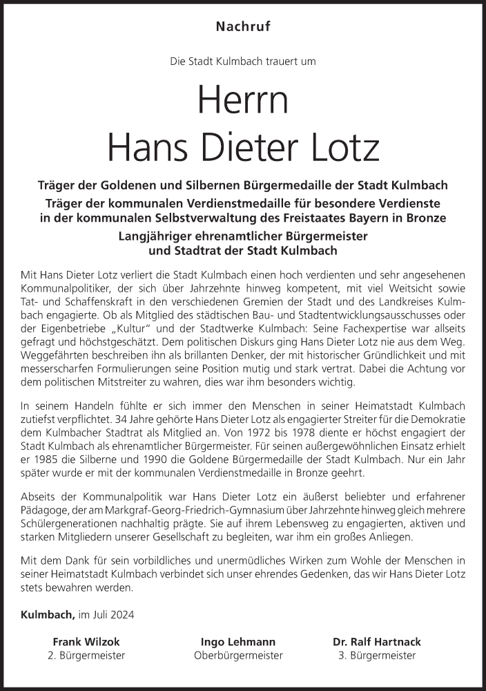  Traueranzeige für Hans Dieter Lotz vom 09.07.2024 aus MGO