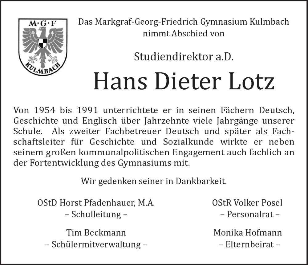  Traueranzeige für Hans Dieter Lotz vom 03.07.2024 aus MGO