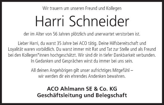 Anzeige von Harri Schneider von MGO