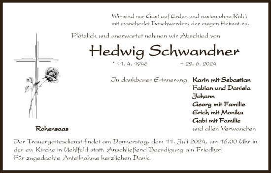 Anzeige von Hedwig Schwandner von MGO