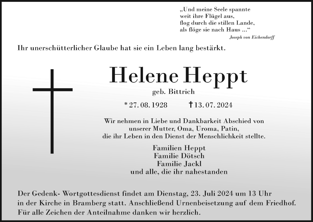  Traueranzeige für Helene Heppt vom 20.07.2024 aus MGO
