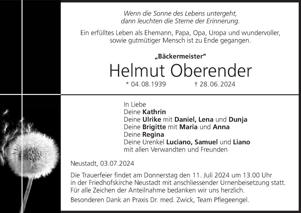  Traueranzeige für Helmut Oberender vom 06.07.2024 aus MGO