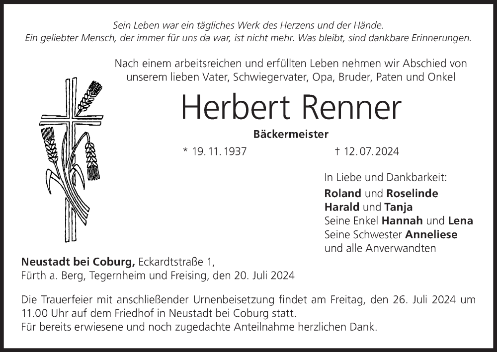  Traueranzeige für Herbert Renner vom 20.07.2024 aus MGO