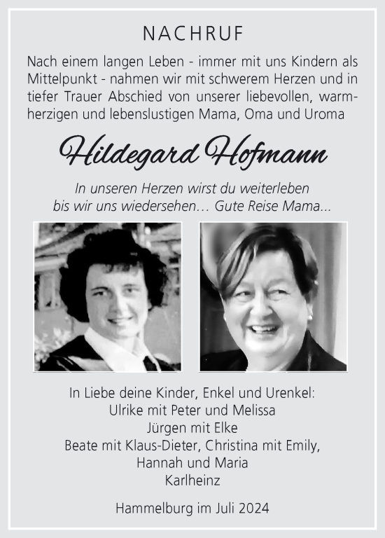 Anzeige von Hilddegard Hofmann von MGO