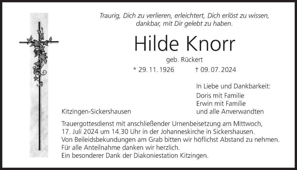  Traueranzeige für Hilde Knorr vom 13.07.2024 aus MGO