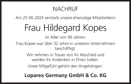 Anzeige von Hildegard Kopes von MGO