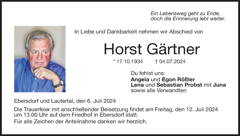  Traueranzeige für Horst Gärtner vom 06.07.2024 aus MGO