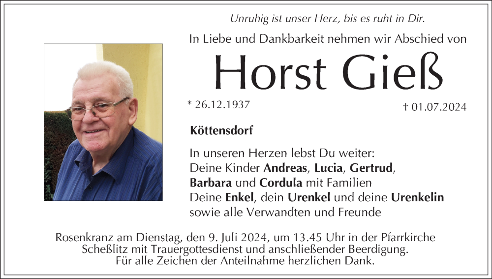  Traueranzeige für Horst Gieß vom 06.07.2024 aus MGO