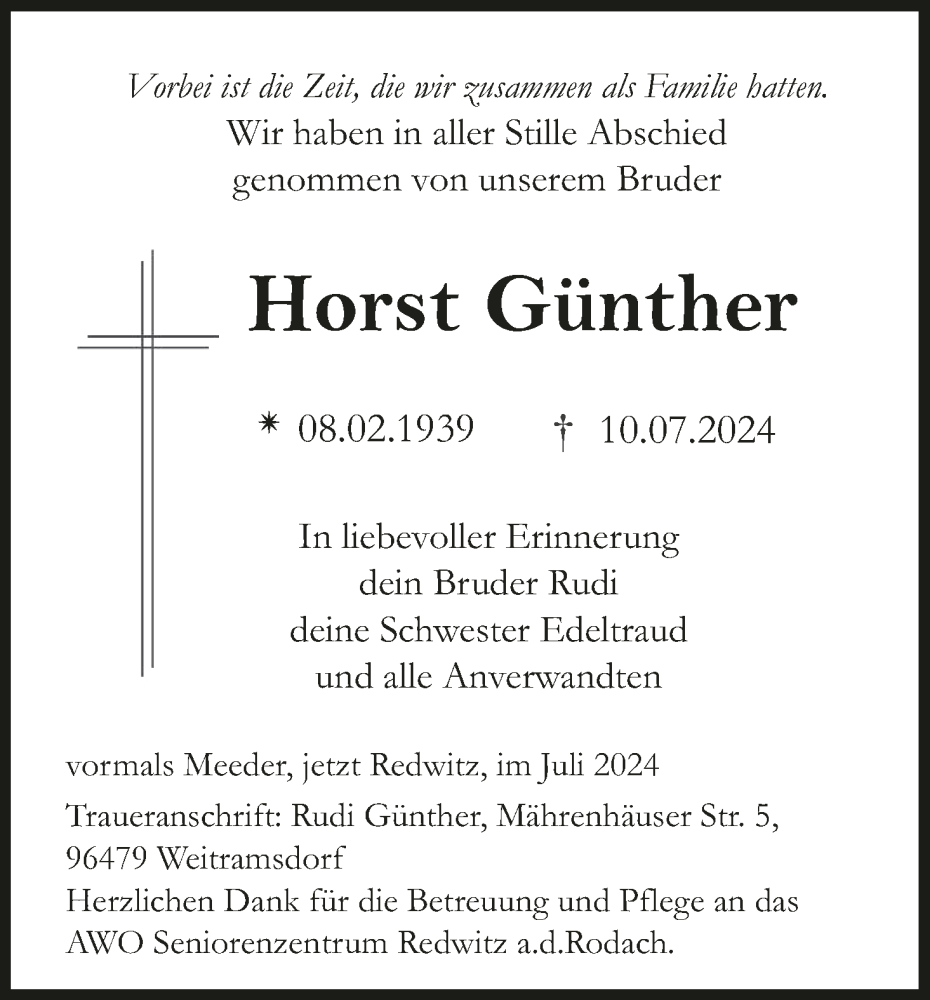  Traueranzeige für Horst Günther vom 20.07.2024 aus MGO