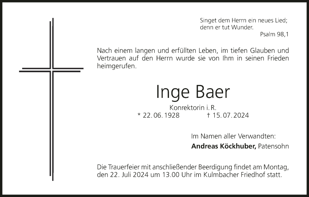  Traueranzeige für Inge Baer vom 18.07.2024 aus MGO