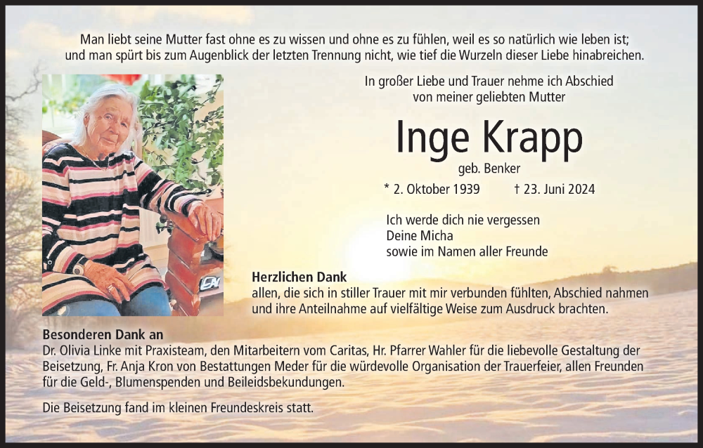  Traueranzeige für Inge Krapp vom 13.07.2024 aus MGO