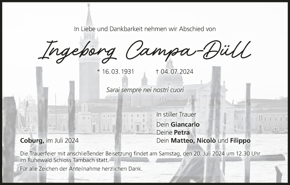  Traueranzeige für Ingeborg Campa-Düll vom 13.07.2024 aus MGO