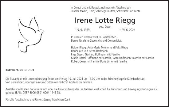 Anzeige von Irene Lotte Riegg von MGO