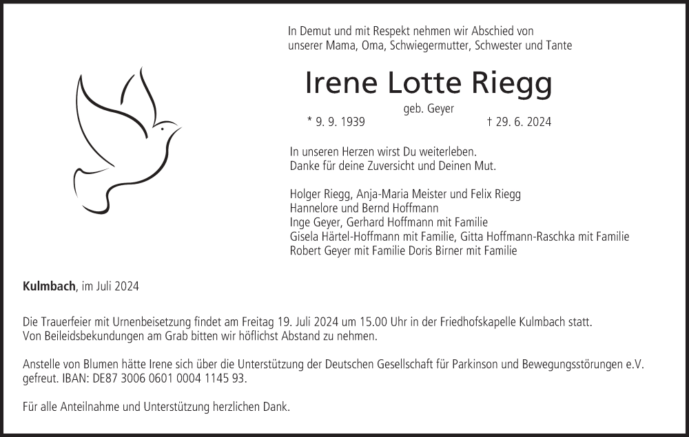  Traueranzeige für Irene Lotte Riegg vom 13.07.2024 aus MGO