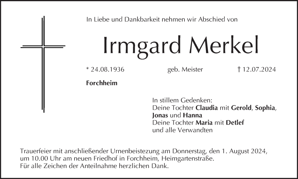  Traueranzeige für Irmgard Merkel vom 27.07.2024 aus MGO