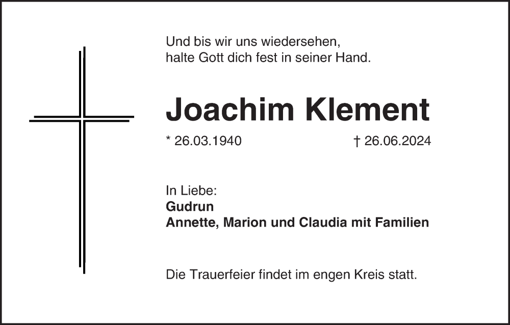  Traueranzeige für Joachim Klement vom 06.07.2024 aus MGO
