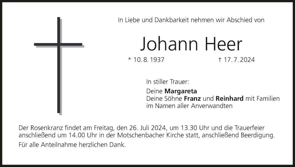  Traueranzeige für Johann Heer vom 23.07.2024 aus MGO
