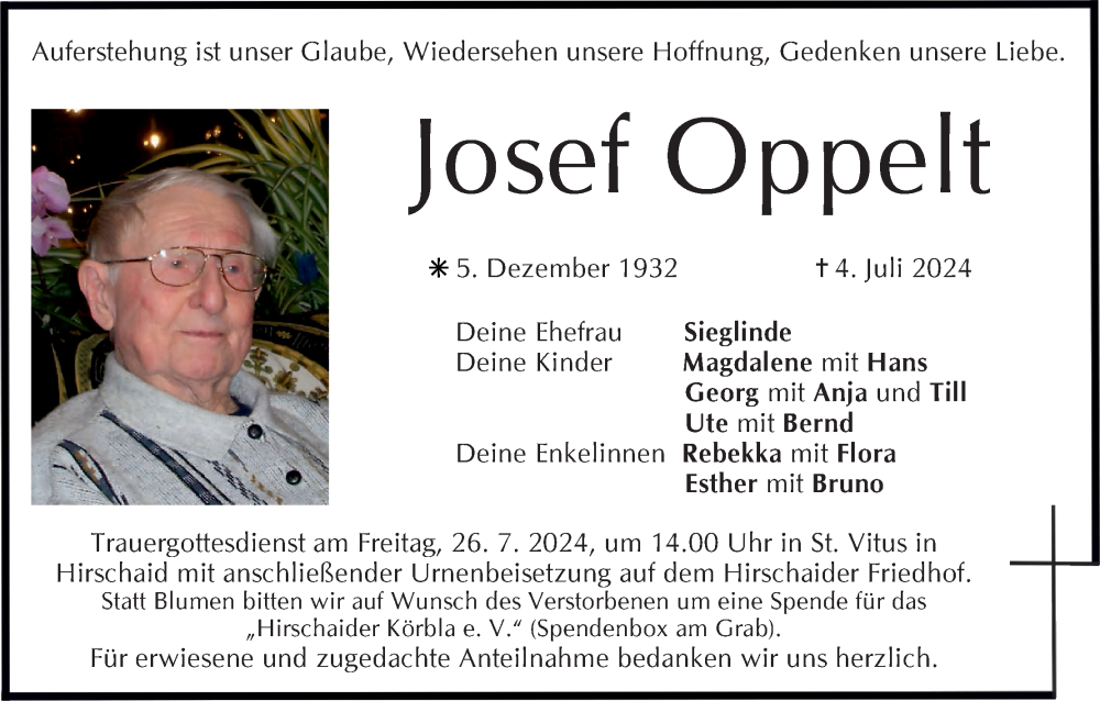  Traueranzeige für Josef Oppelt vom 20.07.2024 aus MGO