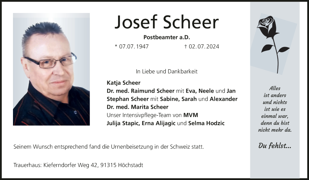  Traueranzeige für Josef Scheer vom 13.07.2024 aus MGO