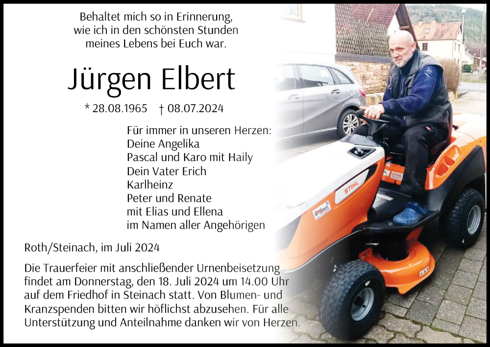  Traueranzeige für Jürgen Elbert vom 16.07.2024 aus MGO
