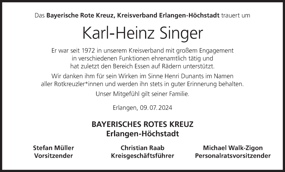 Traueranzeige für Karl-Heinz Singer vom 09.07.2024 aus MGO