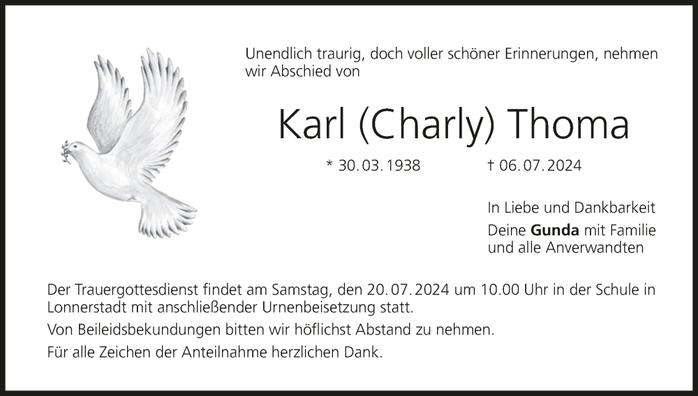  Traueranzeige für Karl Thoma vom 19.07.2024 aus MGO