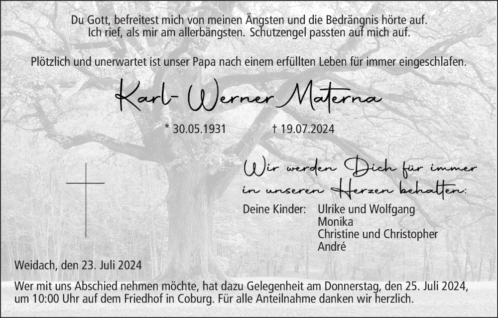  Traueranzeige für Karl-Werner Materna vom 23.07.2024 aus MGO