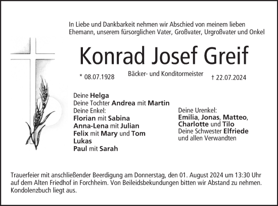 Anzeige von Konrad Josef Greif von MGO