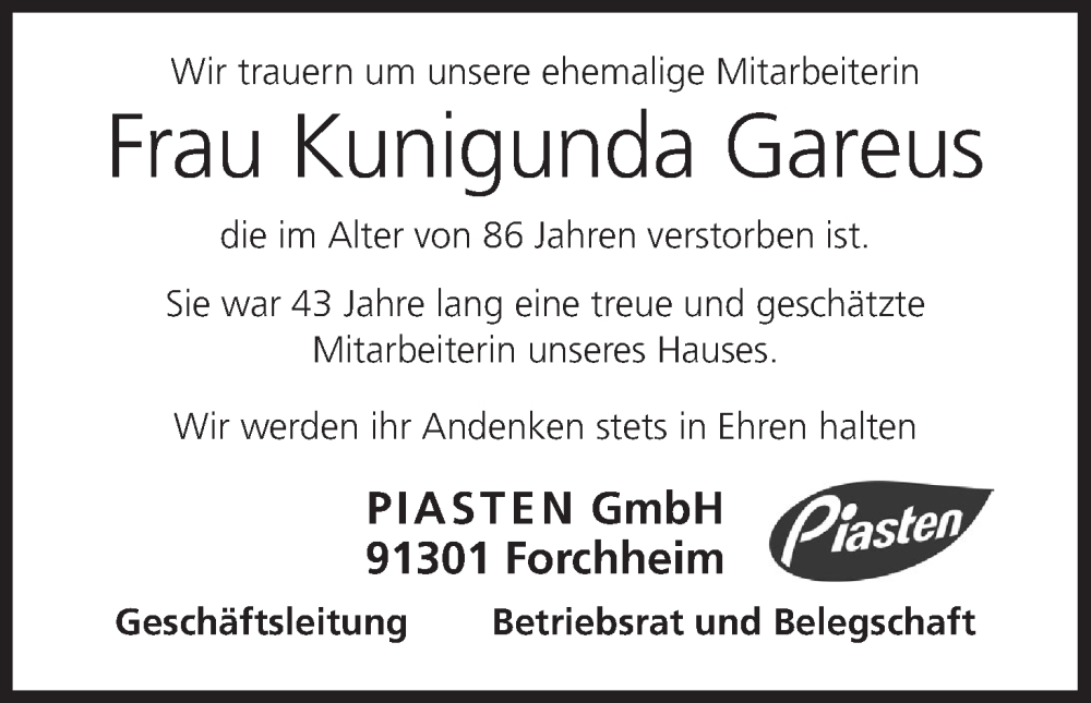  Traueranzeige für Kunigunda Gareus vom 08.07.2024 aus MGO