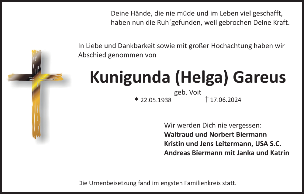  Traueranzeige für Kunigunda Gareus vom 13.07.2024 aus MGO