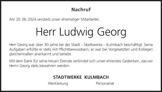 Anzeige von Ludwig Georg von MGO