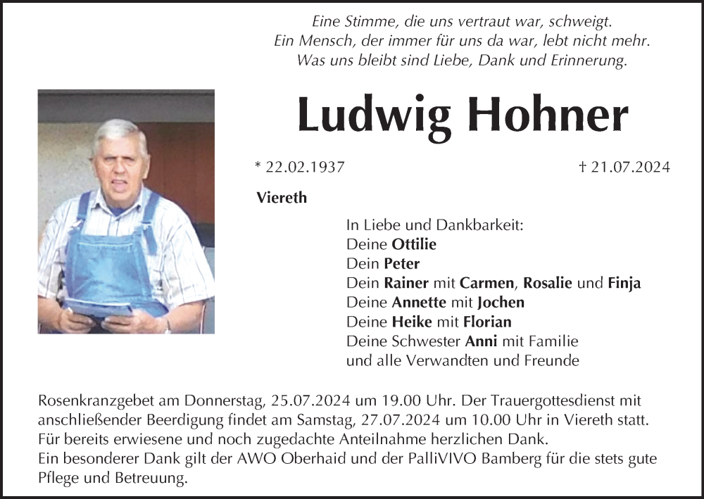  Traueranzeige für Ludwig Hohner vom 24.07.2024 aus MGO