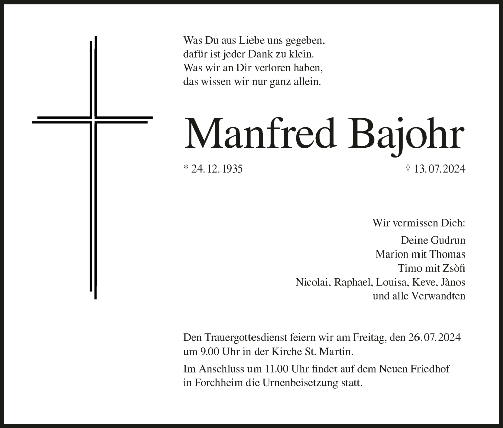  Traueranzeige für Manfred Bajohr vom 20.07.2024 aus MGO