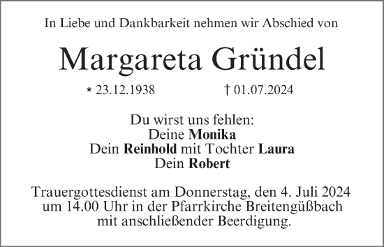 Anzeige von Margareta Gründel von MGO