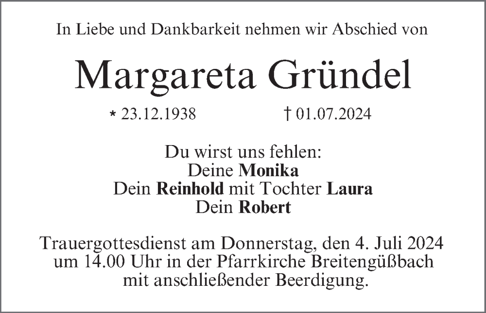  Traueranzeige für Margareta Gründel vom 03.07.2024 aus MGO