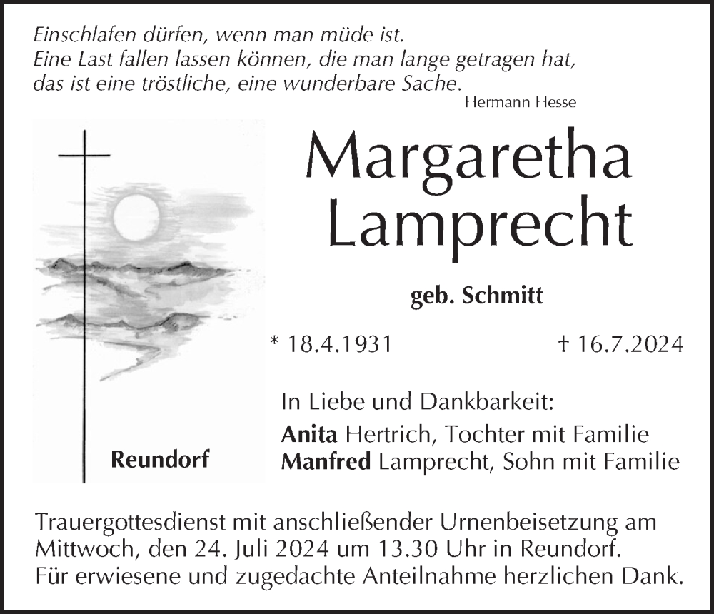  Traueranzeige für Margaretha Lamprecht vom 20.07.2024 aus MGO