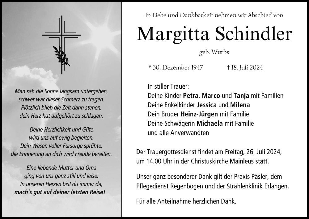  Traueranzeige für Margitta Schindler vom 23.07.2024 aus MGO
