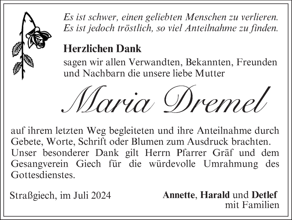  Traueranzeige für Maria Dremel vom 20.07.2024 aus MGO