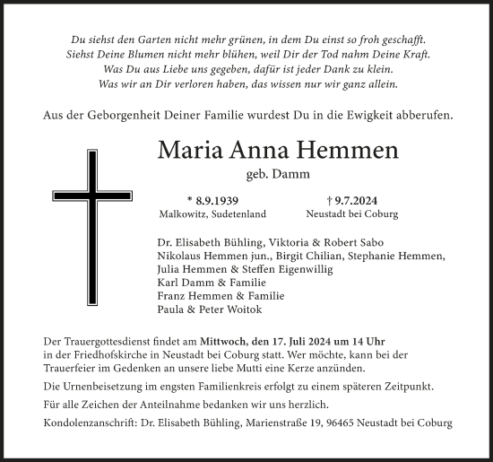 Anzeige von Maria Anna Hemmen von MGO